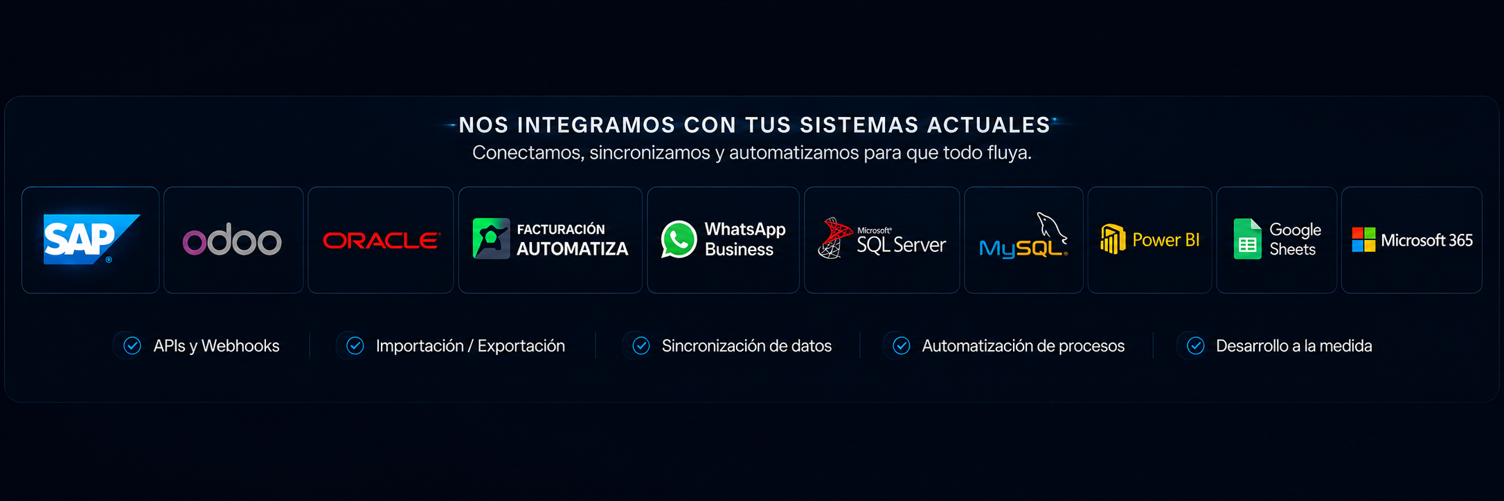 Nos integramos con tus sistemas actuales: SAP, Odoo, Oracle, Facturación Automatiza, WhatsApp Business, SQL Server, MySQL, Power BI, Google Sheets y Microsoft 365. APIs y webhooks, importación y exportación, sincronización de datos, automatización de procesos y desarrollo a la medida.