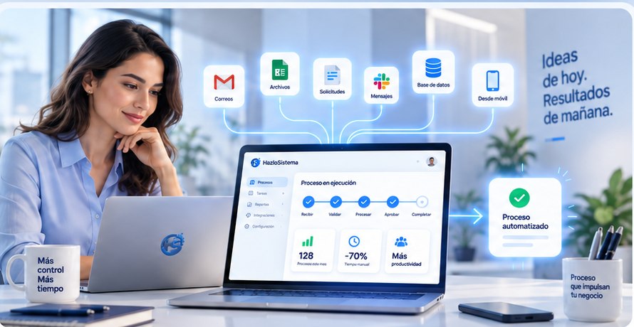 Una persona revisa el panel de un proceso en ejecución —recibir, validar, procesar, aprobar y completar— conectado con correos, archivos, solicitudes, mensajes, base de datos y móvil, hasta quedar marcado como proceso automatizado.