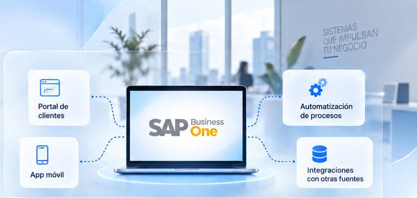SAP Business One como sistema central en una laptop, conectado con un portal de clientes, una app móvil, automatización de procesos e integraciones con otras fuentes.
