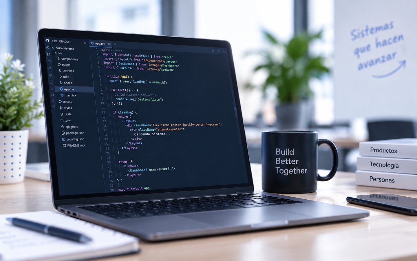 Una laptop con el código del sistema abierto en el editor, sobre un escritorio de trabajo.