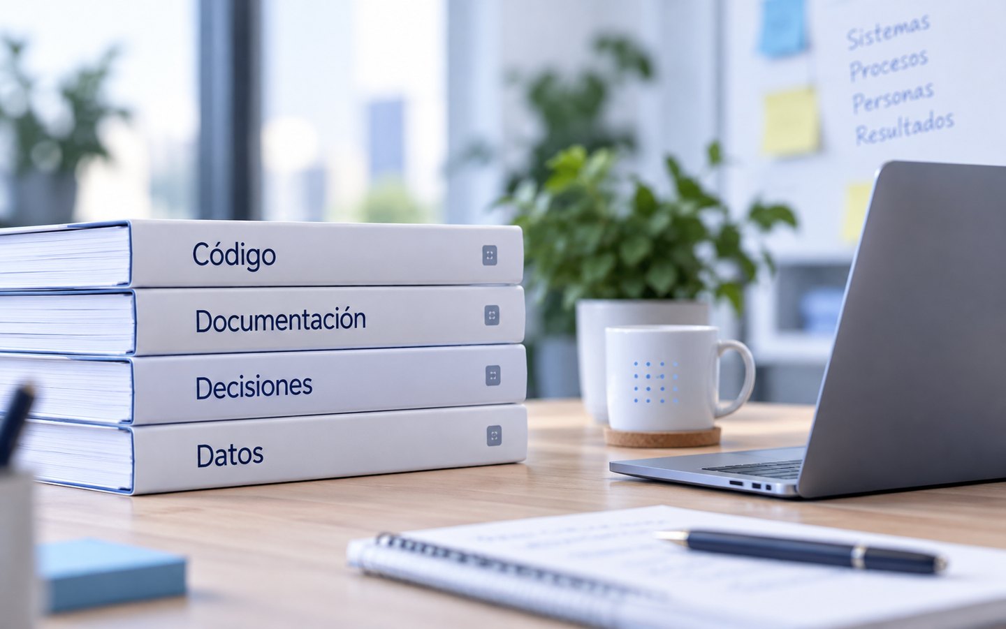Una pila de tomos rotulados Código, Documentación, Decisiones y Datos sobre un escritorio de trabajo.