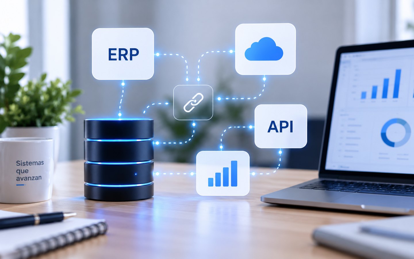 Una base de datos conectada por líneas a un ERP, una nube, una API y un tablero de reportes.