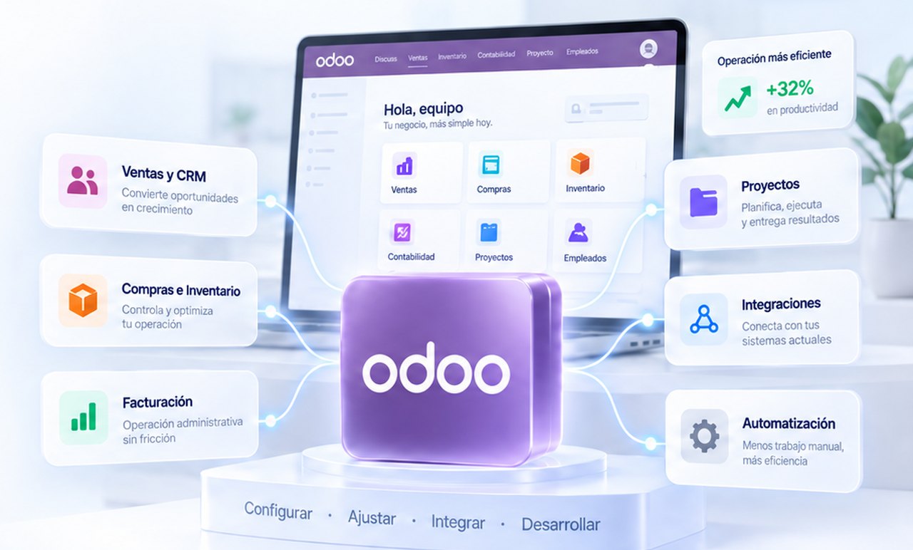 Implementación de Odoo con sus módulos de ventas, compras, inventario, contabilidad, proyectos y empleados, sobre las etapas de configurar, ajustar, integrar y desarrollar