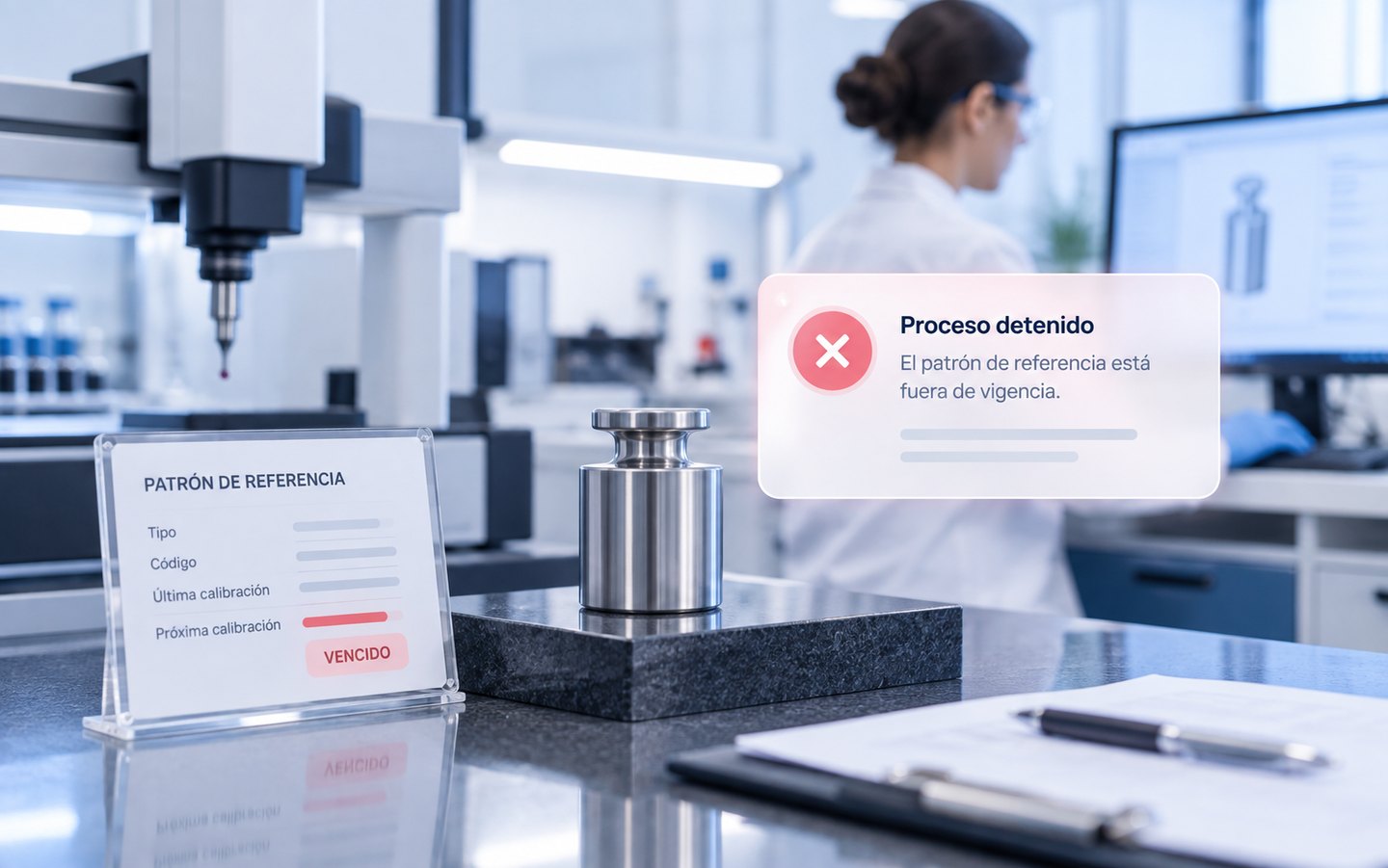 Un patrón de referencia marcado como vencido sobre la mesa de un laboratorio de calibración, con un aviso del sistema que detiene el proceso por estar fuera de vigencia.