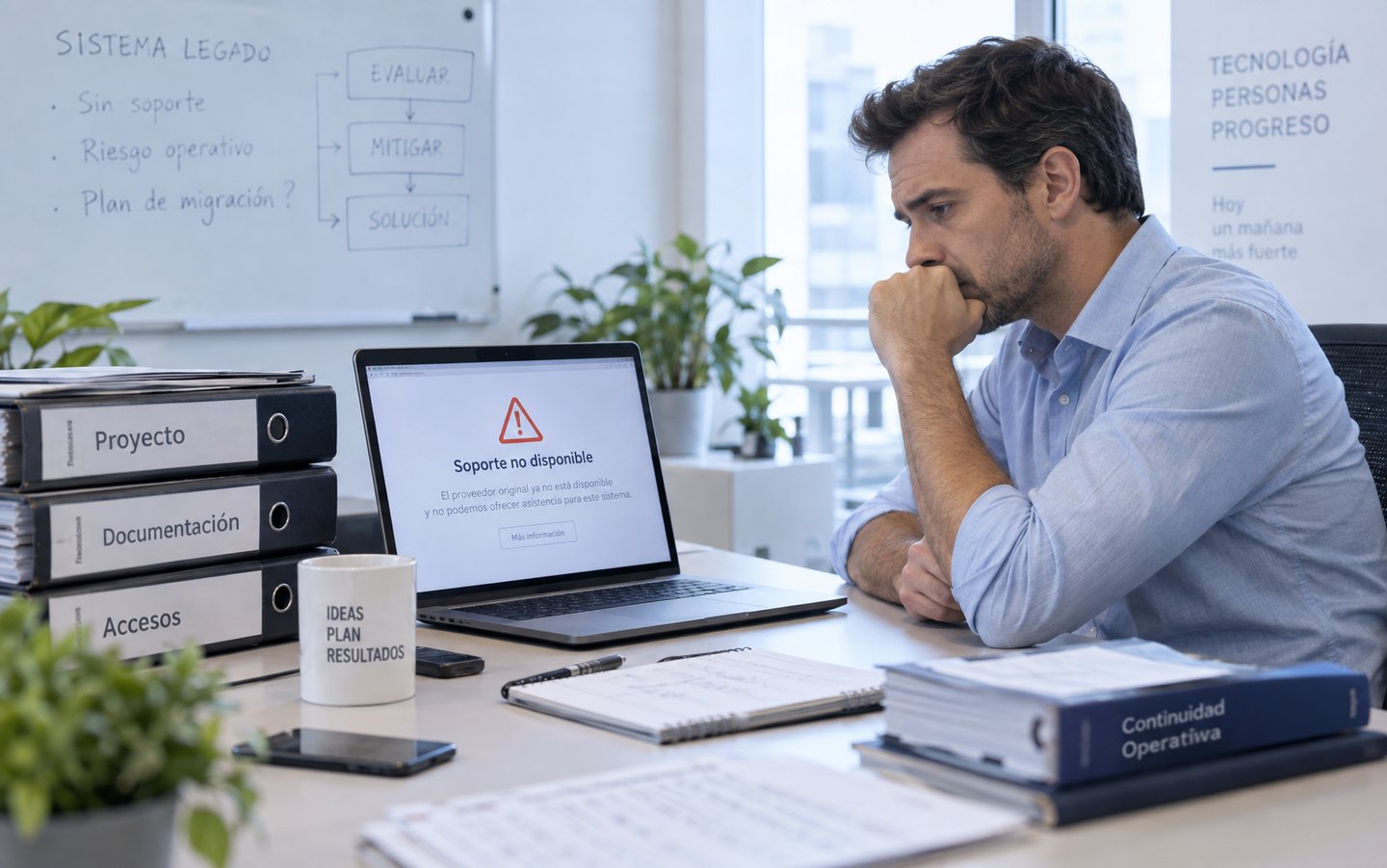Una persona revisa en su laptop el aviso «Soporte no disponible: el proveedor original ya no está disponible», junto a carpetas de proyecto, documentación y accesos y una pizarra con el plan para el sistema legado.
