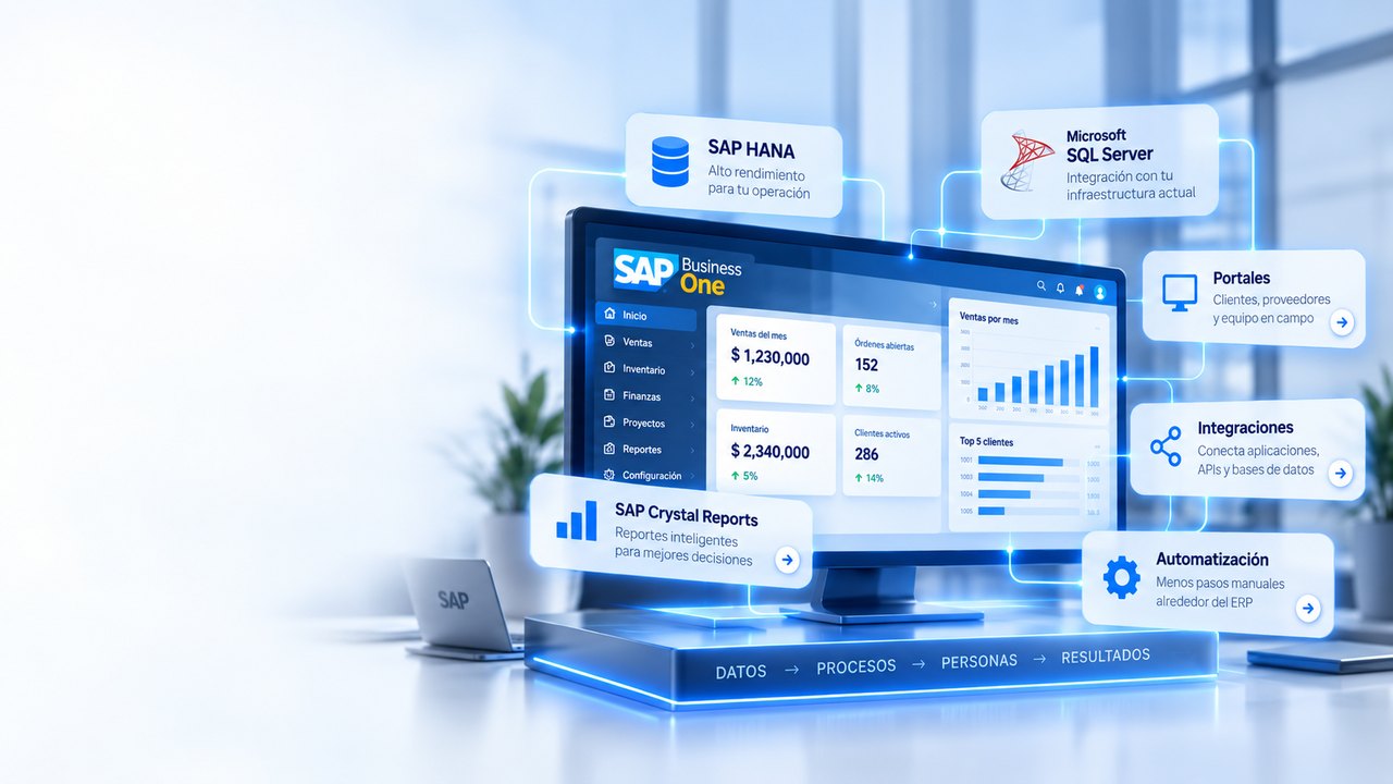 Pantalla de SAP Business One con capacidades de integración, reportes y automatización, conectada con SAP HANA, Microsoft SQL Server y SAP Crystal Reports