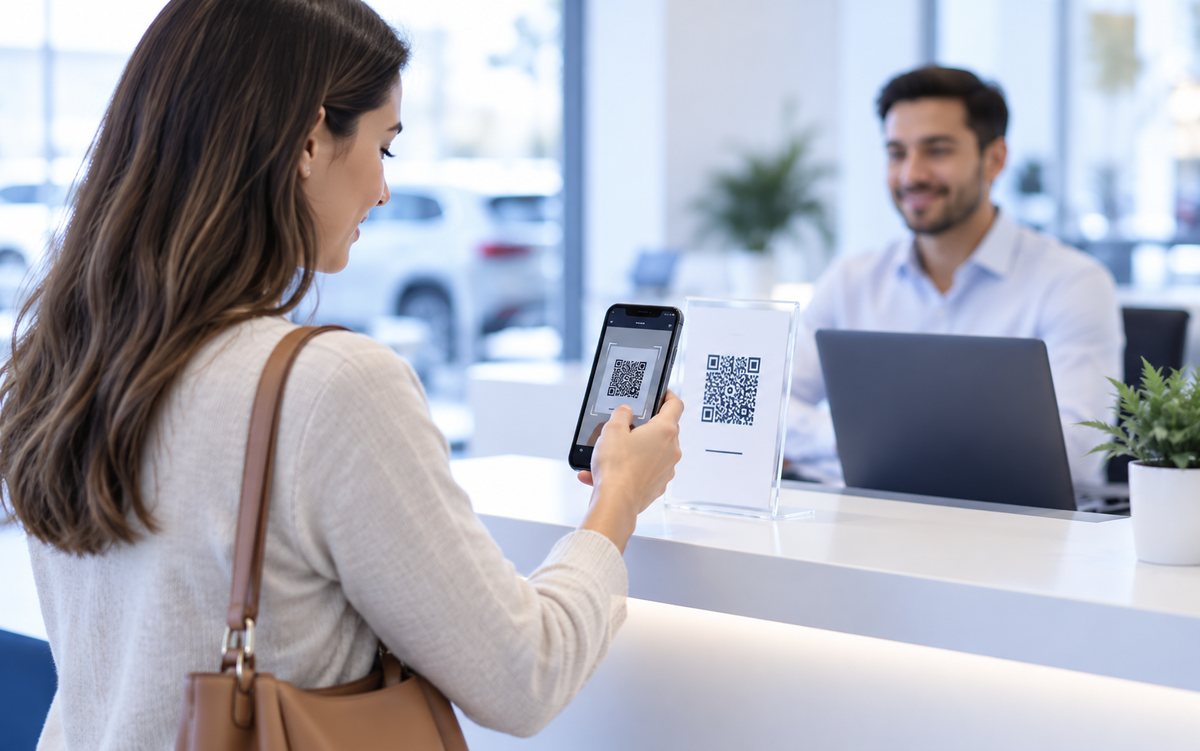 Una clienta escanea con su teléfono el código QR del mostrador para facturar su compra.