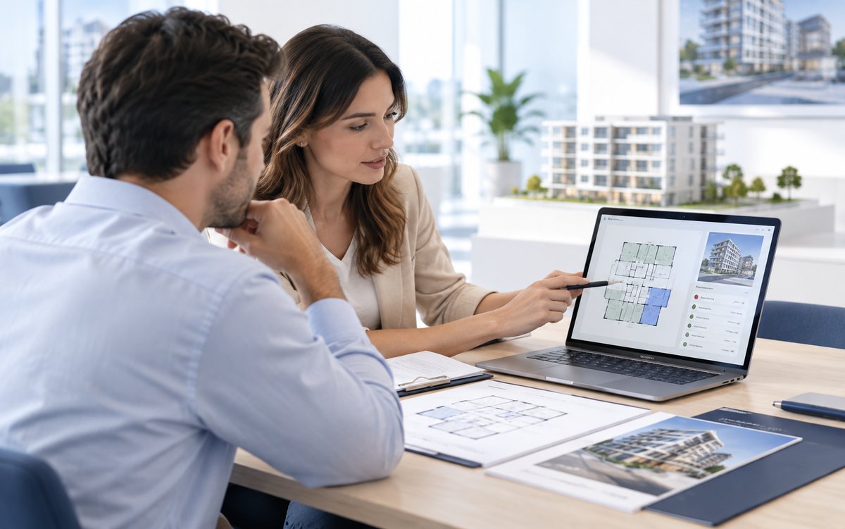 Una asesora muestra a una pareja el plano de una unidad en la laptop, con la maqueta del desarrollo al lado.