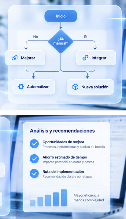 Diagrama de decisión: del inicio a la pregunta «¿es manual?» y de ahí a mejorar, integrar, automatizar o construir una solución nueva, junto a un panel de análisis y recomendaciones con oportunidades de mejora, ahorro estimado de tiempo y ruta de implementación